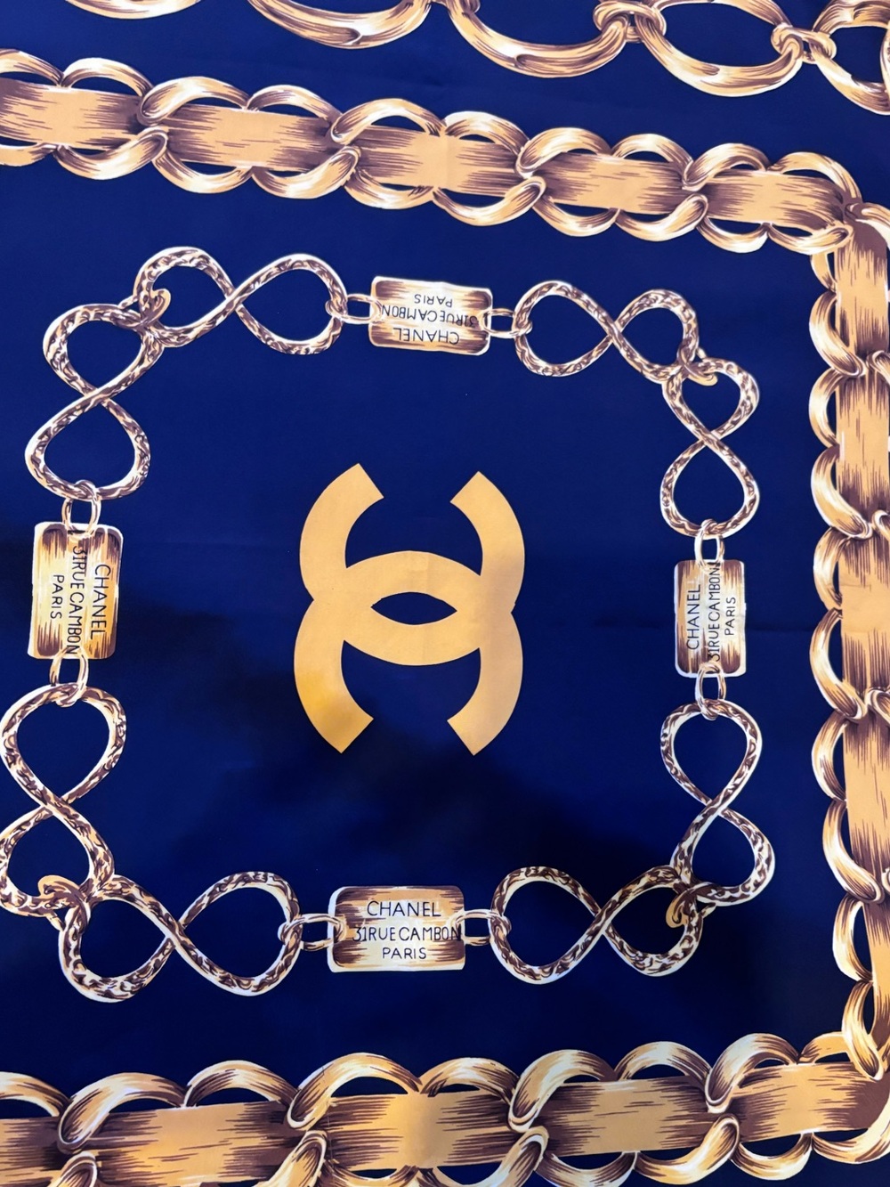 Authentic CHANEL Chain Print Silk Scarf Navy Blue Gold CC Logo Rue Cambon Paris - Picture 2 of 8